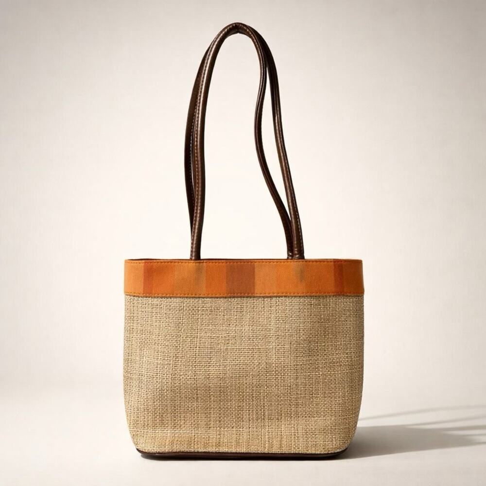 VTG Y2K 00’s Bueno Leather Canvas Woven Straw Shoulder Tote Bag Beige Brown - Picture 1 of 9